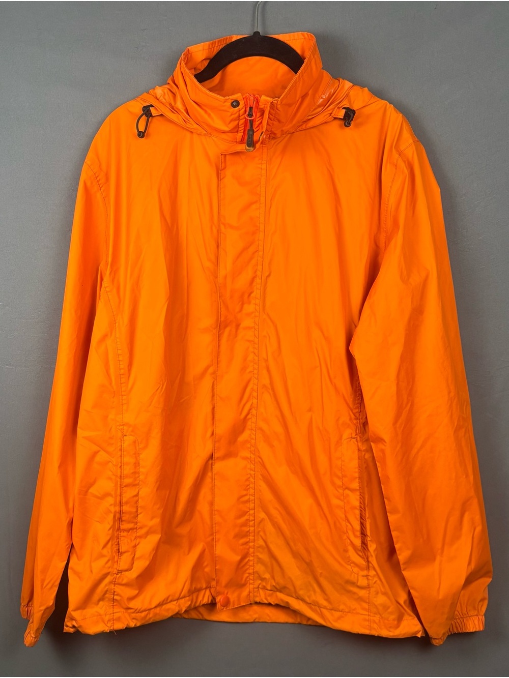 Men's Orange Hooded Rain Jacket | Zip Up | Concealable Hood | Size Medium